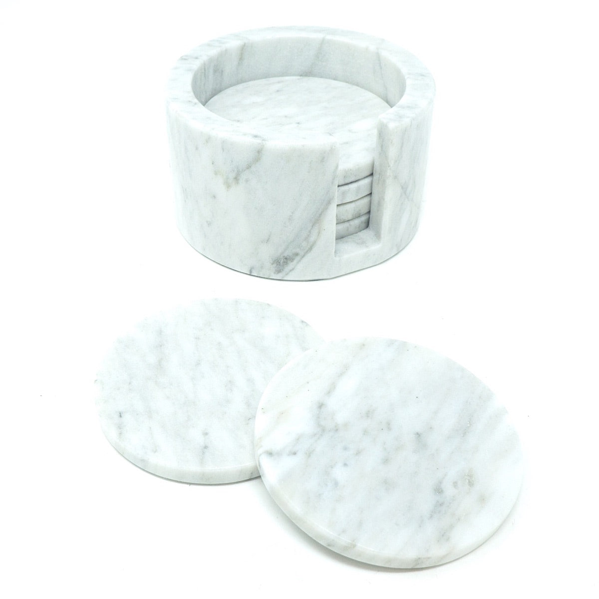 Juego de 6 Portavasos con caja de almacenamiento para vasos y bebidas frías o calientes de Mármol natural en Blanco Bego