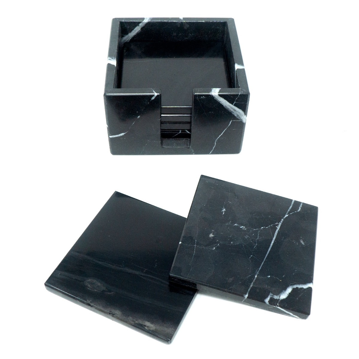 Juego de 6 Portavasos con caja de almacenamiento para vasos y bebidas frías o calientes de Mármol natural en Negro Monterrey