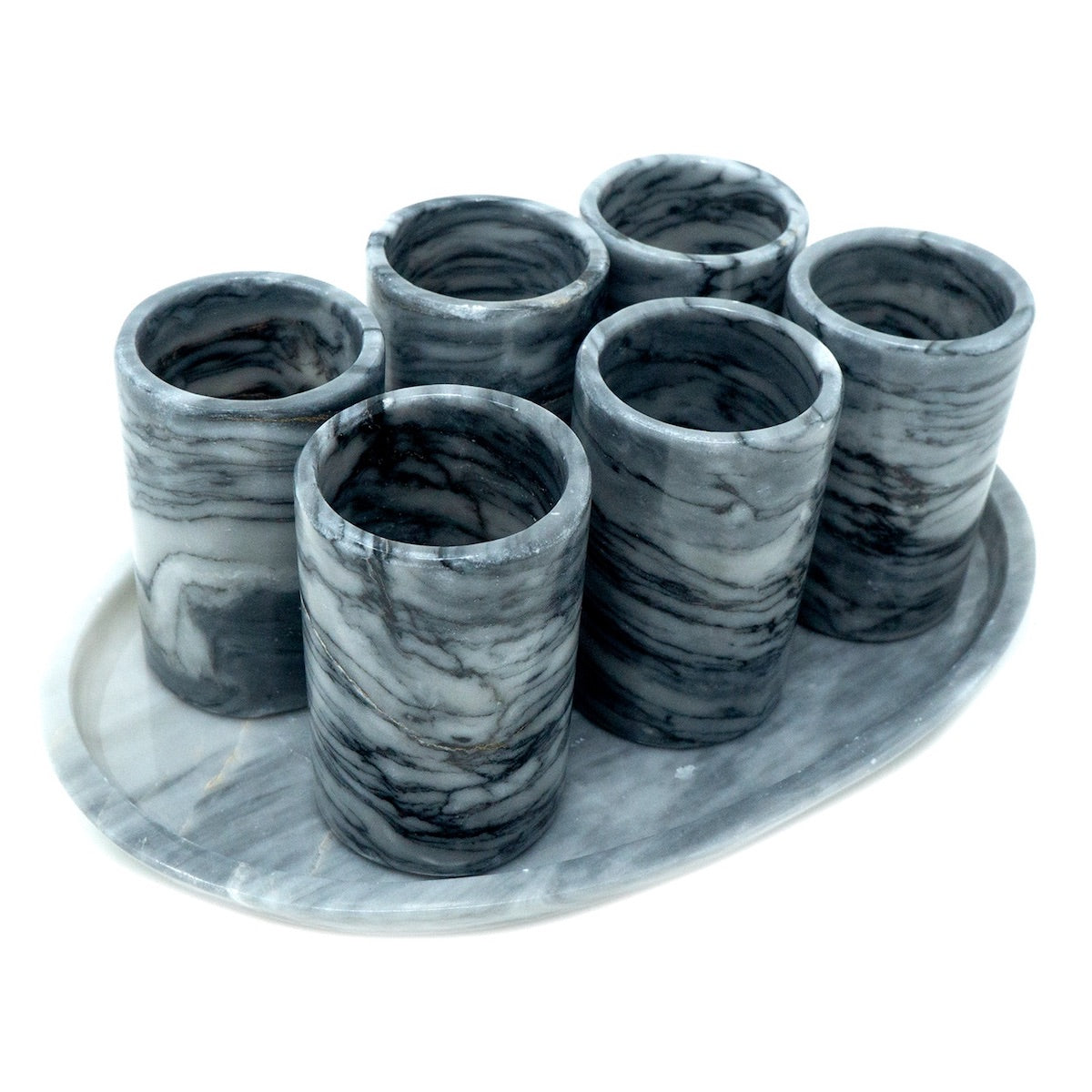 Juego de 6 Tequileros de Mármol Natural con Base en Gris Mazahua