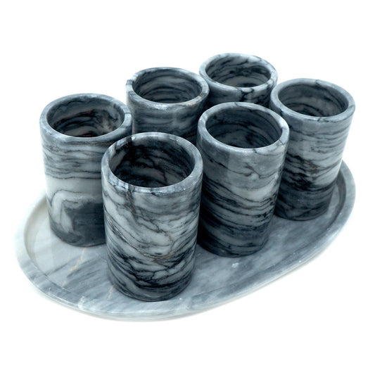 Juego de 6 Tequileros de Mármol Natural con Base en Gris Mazahua