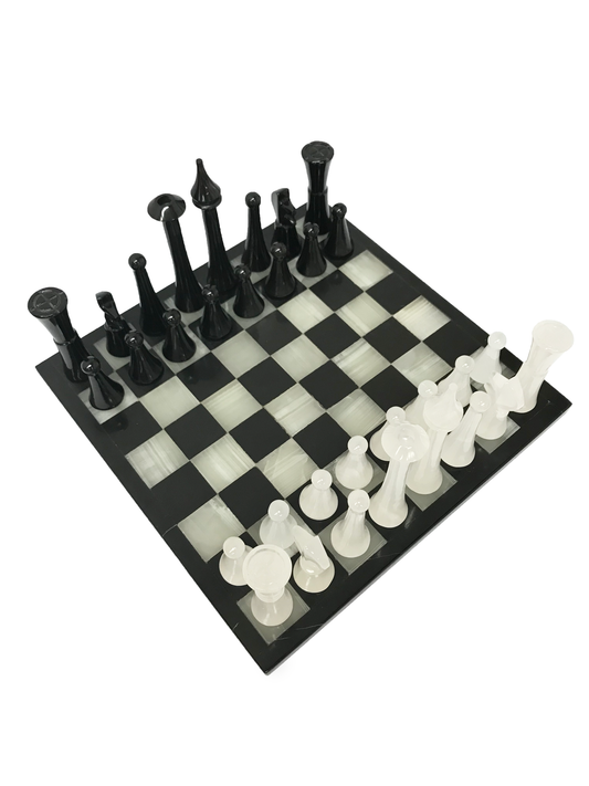 Elegante Juego de Ajedrez de Mármol Natural Negro y Ónix Blanco de 35 cm x 35 cm